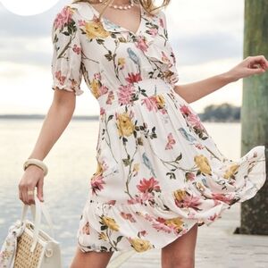 Spartina 449 Ryland Dress Size S Cream Floral Bird Butterfly Print Cottagecore